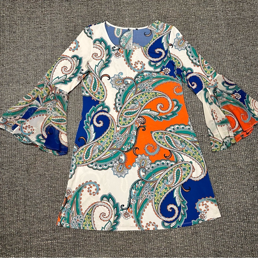 MSK Multicolor Paisley Bell Sleeve Dress - Blue, Orange, White, Green
